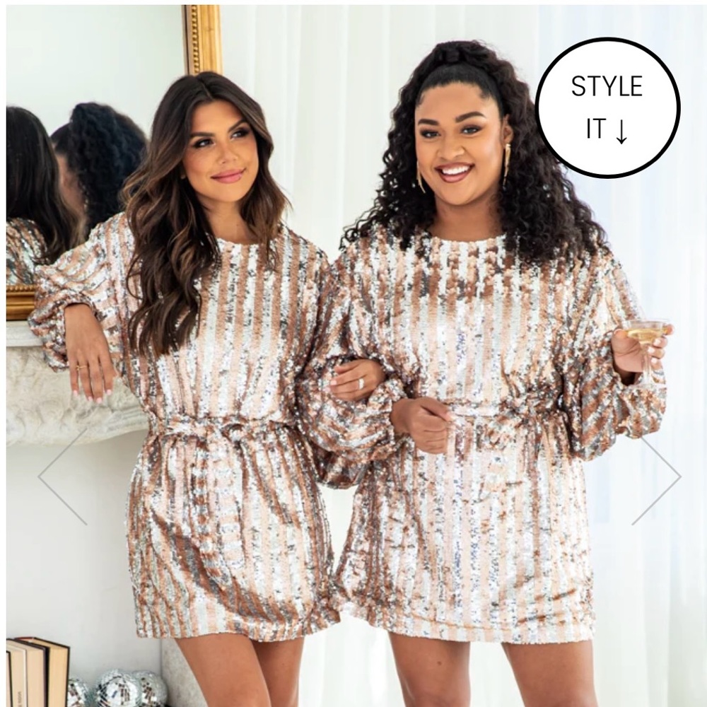 Pink Lily “Diamonds In My Eyes” Striped Rose Gold/Silver Sequin Mini Dress 🩶💛